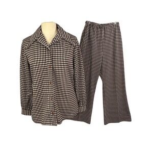 Vintage 60s 70s Brown Gingham Plaid Pant Suit Flare Leg Leisure Jacket Disco Mod